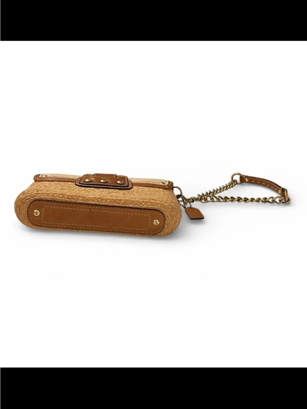 Coach Wristlet/Clutch Natural Woven Straw, Toffee Leather Trim, Cream Canvas
